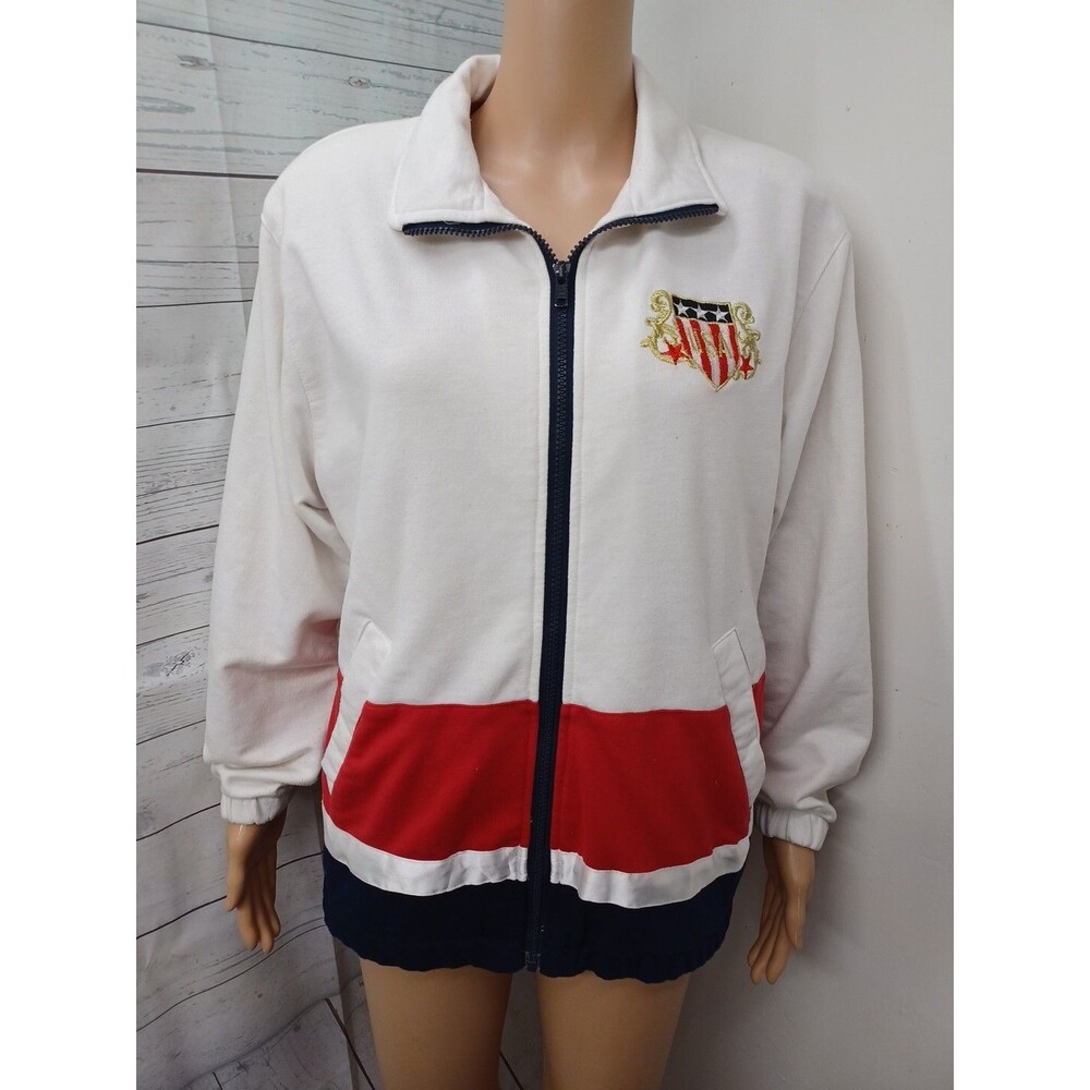 Vtg Lavon Track Jacket Womens White Red Blue Full Zip Sz S